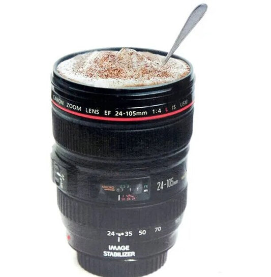 Taza de cámara de emulación de lente de café, taza de cerveza, taza de vino con tapa, taza de plástico negro y logotipo de lata, tazas de café nuevas